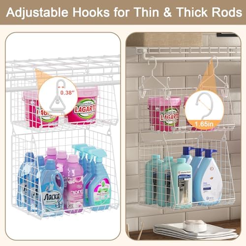 Sonyabecca 5-Tier Hanging Laundry Basket Organizer: Foldable Wire Shelf Basket with 4 Large Hooks 1.65" & 360°Rotating Hooks – Space-Saving Laundry Room Organization for Wardrobe Closet, White Patent - Image 2
