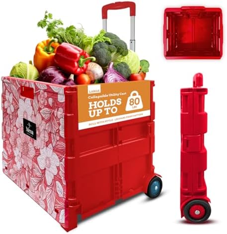 Inspired Living Ultra-Slim Rolling Collapsible Storage Pack-N-Roll Utility-carts, with Telescopic Handle, for Home, Garden, Shopping, Office, School use, Large, Red, White Flower Print by Inspired+Living