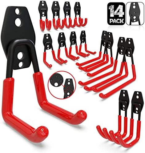 3-H Garage Wall Hooks 14 Pack,Garage Hooks Heavy Duty with Extra Welding Spots,Garage Hooks for Hanging,Garage Organizer for Garden,Lawn,Yard Tools,Chairs,Ladders,WeedEater,Shovel,Blower(Red) | Multi-Purpose Garage Hooks to Organize Garden Lawn Tools, ... by 3-H