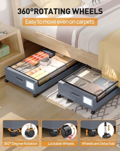 Under Bed Storage With Wheels, 2 Pack Square Containers, 60L Bins, Rolling Metal Drawer for Clothes, Blankets, Shoes - Image 2