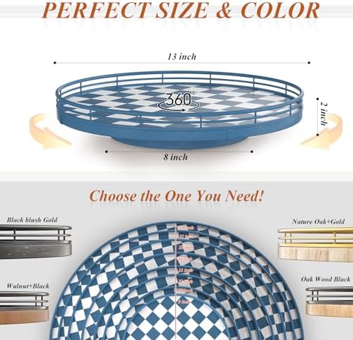 Blue and White Checkerboard Lazy Susan with Rubberwood Base and Metal Rail - Image 6