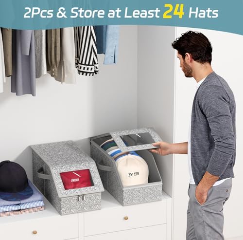 AOODA 2 PCS Stackable Hat Storage for Baseball Caps, Holds up to 24 Caps Hat Organizer for Closet, Sturdy Snapback Boxes for Men with Cardboard, Grey - Image 2
