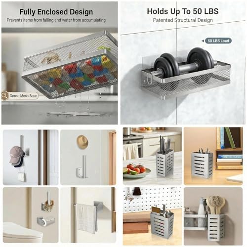 PUSDON 5-in-1 Wide Wall Mount Wrapped Mesh Kitchen Organizer & Shower Caddy Kit, with Paper Towel Holder, Utensil Holder, Soap Dish, Heavy Duty 50LBS - Silver Gray, Netting - Image 4
