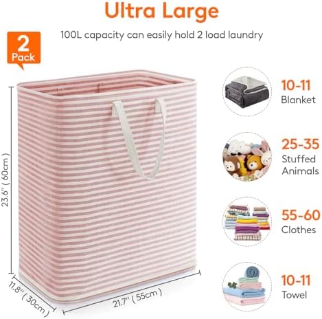 Lifewit 2 Pack Laundry Basket 100L Each, Collapsible Clothes Hamper with Reinforced Handles, Freestanding Waterproof Design for Bedroom and Laundry Room, Grey&Pink 200L Total - Image 4