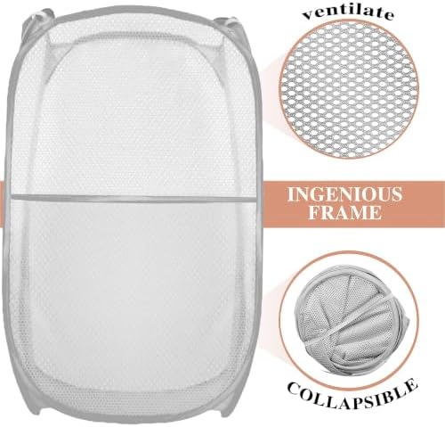 Collapsible Pop Up Laundry Hamper, Extra Large Mesh Foldable Laundry Basket, 28" x 16" x 16" (Grey) - Image 4
