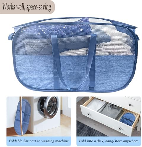 100L Collapsible Laundry Baskets 2 Pack, Extra Large Mesh Pop Up Laundry Hamper, Dirty Clothes Hamper with Reinforced Handles, Folding Hampers for Travel. Dorm or Home Portable Laundry Baskets. Blue - Image 5