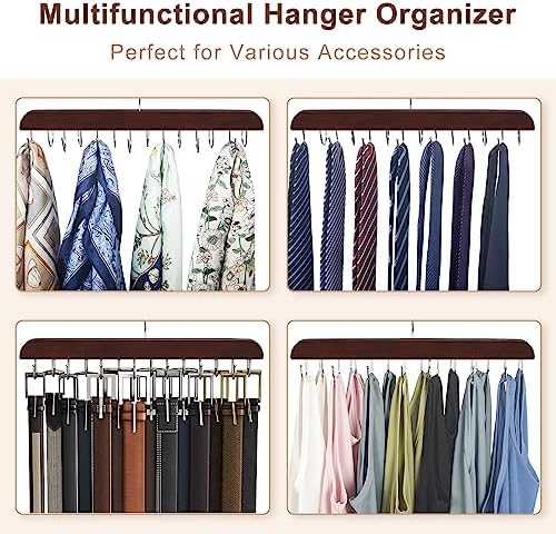 Belt Hanger for Closet, Sturdy Wood Belt Rack Closet Accessories with 14 Hooks Belt Organizer for Closet Organizers and Storage Max 42 Belts-Mahogany 2 Pack - Image 4
