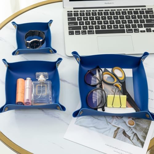 3 packs PU Leather Tray in 3 Sizes Jewelry Tray Glossy Leather Desk Organizer Leather Catchall Tray for Jewelry/Key/Coin/Sun Glasses/Watch/USB Cables etc. (Klein blue) - Image 2