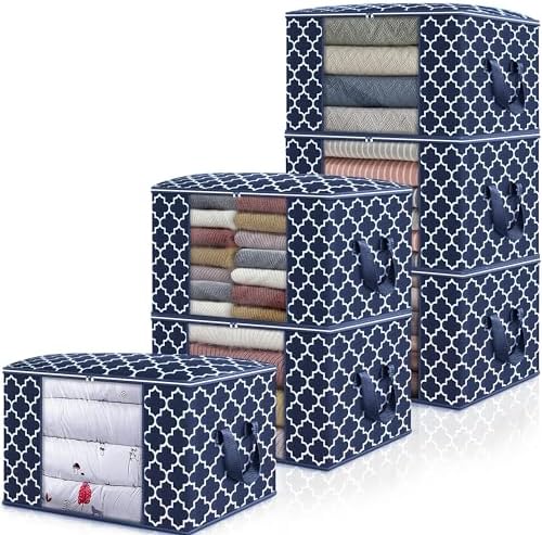 Storage Bags 100L 6Pack Clothes Organization and Storage Containers | Large Blanketfor Bedding, Comforters, Foldable Organizer with Reinforced Handle, Clear Window, Sturdy Zippers, Blue by WiseLife
