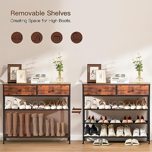 usikey Shoe Rack, 4 Tier Shoe Storage Organizer with 2 Drawers, Metal Shoe Shelf for 12-15 Pairs of Shoes, with 3 Oxford Fabric Shelves and Wooden Top, Shoe Stand for Entryway, Closet, Rustic Brown - Image 5