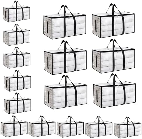 16 Pack-Extra Large Heavy Duty Moving Bags - Waterproof Storage Totes with Handles & Zippers, Foldable for College Dorm, Storage (Clear) by Unknown