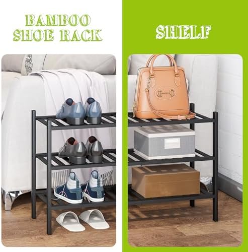 BMOSU 3-Tier Bamboo Shoe Rack Premium Stackable Shoe Shelf Storage Organizer for Hallway Closet Living Room Entryway Organizer (Black Bamboo) - Image 5