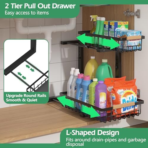 ADRIMER Under Sink Organizer 2 Packs, Pull Out Kitchen Sink Organizer, 2 Tier Slide Out Kitchen Organizers and Storage Bathroom Under Cabinet Storage Shelf, Black - Image 2