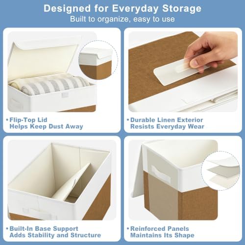 Bagnizer Large 22 Quart Linen Fabric Foldable Storage Bin Cube Organizer Basket with Flip-Top Lid & Handles, Clothes Blanket Box for Home, Office, Closet, Brown & White, 4 Pack 14.6 x 9.5 x 9.5 - Image 6