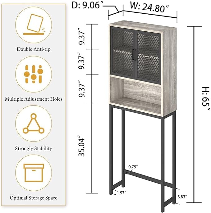 Launica 65 Inch Over The Toilet Storage Cabinet Wood and Metal Light Grey - Image 2