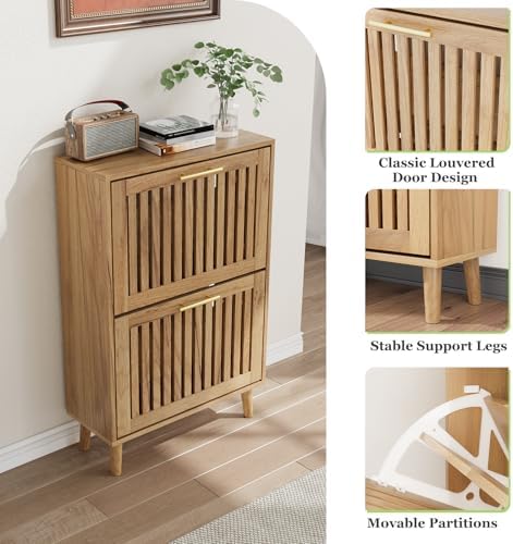 Shoe Storage Cabinet with Louvered 2 Flip Drawers, Narrow Shoe Cabinet Storage for Entryway, Freestanding Shoe Organizer Cabinet with Golden Handles, Slim Shoe Rack Cabinet 23.5in (Natural Wood) - Image 5