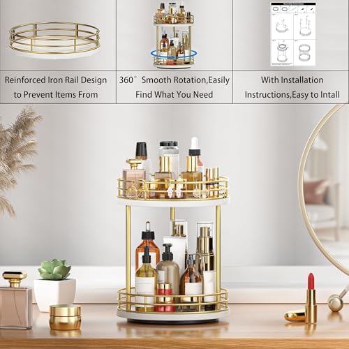 2-Tier Rotating Bathroom Countertop Organizer, Wooden Makeup Vanity Storage, Multifunctional Lazy Susan Turntable for Skincare, Perfume and Cosmetics (White-Gold) - Image 6