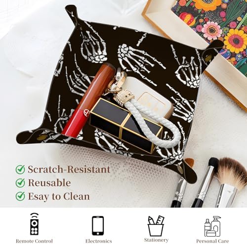 PU Leather Jewelry Valet Tray, Portable Catchall Tray for Keys, Wallet, Watch, Travel Organizer for Nightstand Desk Entryway Home Decor Gift for Women Men Rock Skeleton Hand - Image 2