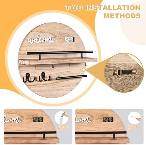 Key Holder for Wall Decorative, Key Hooks Wall Mounted with Shelf and Wooden Key Holder Round Key Hooks for Entryway Mudroom Hallway Kitchen Office (Wood) - Image 7