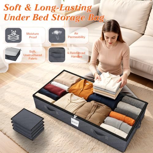 90L Under Bed Storage Containers, Storage Bags, Organizers, 8-Pack, Gray | Foldable, Soft Fabric, Closet Organizers, Reinforced Handle, Label Holder, Clear Window, for Comforters, Clothing, Blankets - Image 3