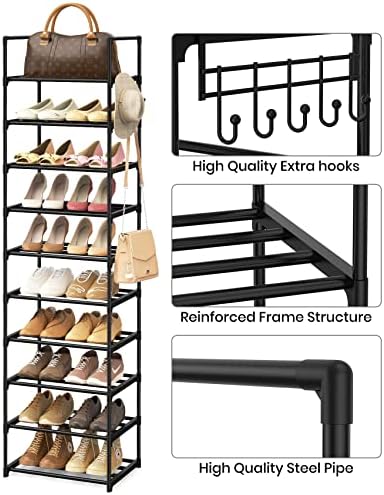 Narrow Shoe Rack 10 Tiers Tall Shoe Rack for Entryway Closet 20 24 Pairs Shoe & Boots Organizer Storage Shelf Durable Black Metal Stackable Shoe Cabinet with Hooks, 17.1D x 11.8W x 78.7H in - Image 6