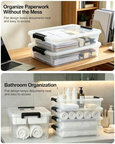 EOENVIVS Clear Flat Storage Bins with Lids, Teal-Blue Buckle Stackable Transparent Storage Boxes, Versatile Sensory Boxes Organizer for Office Home Apartment Dorm Art Craft Daily Storage 6-Pack - Image 6