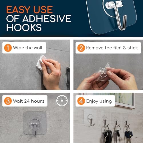 GLUIT Adhesive Wall Hooks for Hanging Heavy Duty 22 lbs Hooks for Walls No Damage, Towel Sticky Clear Hooks, Waterproof, Home, Bathroom, Kitchen, Office, and Outdoor, 40 Pack - Image 7