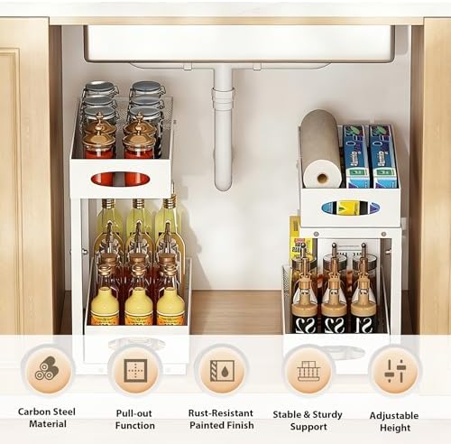 2 Pack Under Sink Organizer, 2-Tier Pull Out Kitchen Cabinet Organizer, Height Adjustable Metal Slide Out Bathroom Organizers and Storage Makeup Drawer Organizer for Office Bedroom(A-White, 2Pack) - Image 5