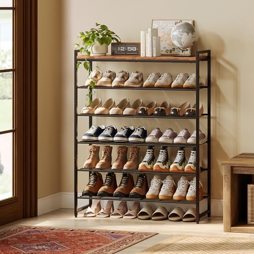 6 Tier Shoe Rack Organizer for 24-30 Pairs, Tall Metal Shoe Storage Shelf with Wood Top, Adjustable Boot Space, Narrow Design for Entryway Closet, Rustic Brown and Black - Image 2