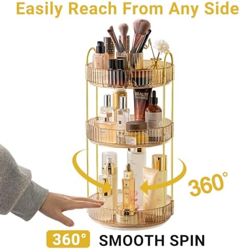 Asayuee 360 Rotating Makeup Organizer,3 Tier Large Capacity Make Up Organizers and Storage,Skincare Perfume Vanity Organizers,Bathroom Cosmetics Storage Organizer Countertop(Gold) - Image 3