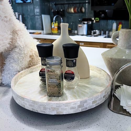 12.5" Lazy Susan for Table Top – Mother of Pearl Spinning Turntable Serving Tray, Marble Lazy Susan Organizer for Dining Table Centerpiece, Kitchen Island Decor, Bathroom Counter, Outdoor Use (White) - Image 7