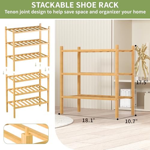 ROMGUAR CRAFT 3-Tier Bamboo Small Shoe Rack, Free Standing Wood Shoe Shelf Storage Organizer for Closet Entryway Stackable (Natural) - Image 3