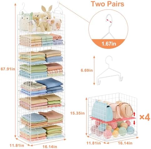 Extended Width Hanging Closet Organizer, 8 Tier Wire Storage Shelves | Hanging Closet Shelves Stackable Adjustable Detachable Foldable Heavy Duty - Image 3