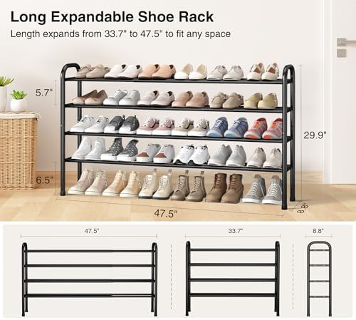 STO STO Long Expandable Shoe Rack 4-Tier, Adjustable Length 33.7”–47.5” Shoe Organizer, Metal Shoes Storage Shelf, Holds Up to 30 Pairs, Non-Slip Feet, for Closet, Entryway, Hallway, Front Door, Black - Image 4