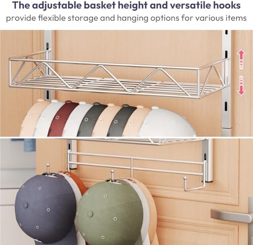 SWTYMIKI Over Door Hat Organizer - 5 Tier Wall Mounted Hat Rack with 4 Adjustable Metal Basket Heights Design and 3 Hooks, Baseball Cap Organizer Storage Holds up to 49 Caps for Door, Bedroom, Closet - Image 6