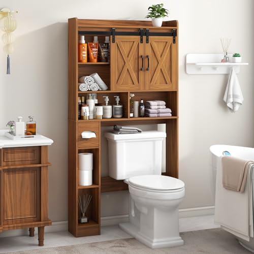 Vabches Over The Toilet Storage Cabinet with Sliding Doors, Caramel - Image 5