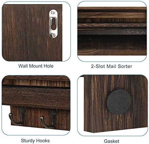 BTY Mail Holder for Wall, Wooden Mail Sorter with 4 Key Hooks, 2 Slot Wall Mounted Mail Sorter Letter Bills Newspaper Magazine Organizer for Entryroom Hallway Office Garage, Rustic Brown - Image 4