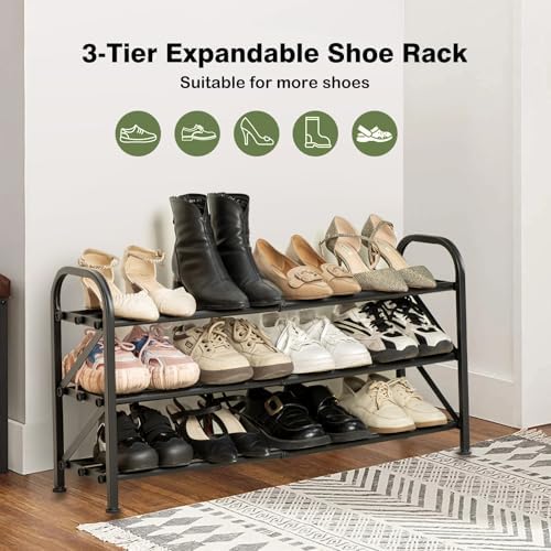 3 Tier Expandable Shoe Rack for Closet, Adjustable Small Shoe Organizer Storage, Heavy Metal Free Standing Narrow Shoe Racks for Entryway, Garage, Doorway Black 16"-33" - Image 3