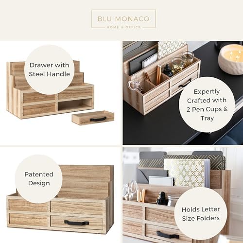 BLU MONACO | Natural Wood Mail Organizer with Drawer & Pen Holder | Rustic Desk Organizer for Bills, Letters & Countertop Storage | Wooden Desktop Mail Sorter for Home & Kitchen - Image 5