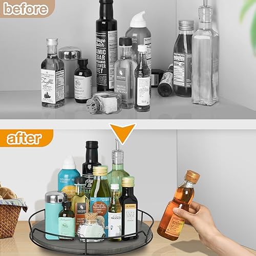 Lazy Susan Turntable Organizer with Anti-Slip Mat for Cabinet Pantry Kitchen Countertop Refrigerator Office, Pine Wood, 12", Grey… - Image 5