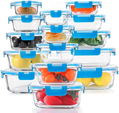KOMUEE 30 Pieces Glass Food Storage Containers Set, Blue by KOMUEEUS