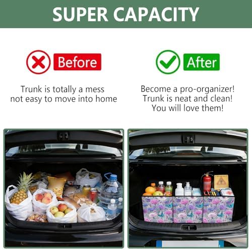 Trunk Organizer Collapsible Car Organizer with Handle Car Storage Box Bin for Groceries SUV Utility Tote Bag Portable Vehicle Container White Carnation Butterfly Cornflower - Image 4