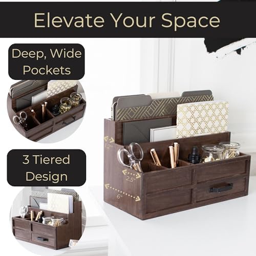 BLU MONACO | Wooden Mail Organizer with Drawer and Pen Holder | Mail Sorter Organizer Countertop for Desk or Kitchen | Outgoing Mail Holder Wood Desktop Storage - Image 3
