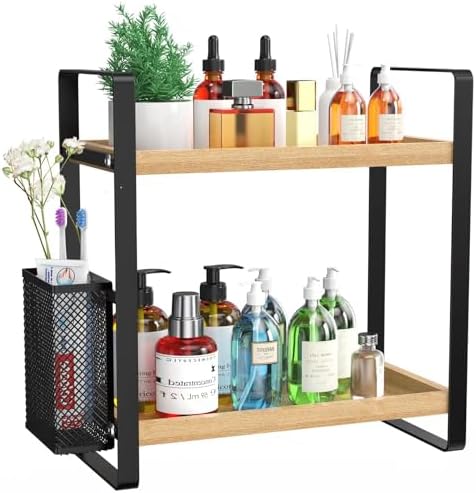 LEMIKKLE 2-Tier Wood Bathroom Counter Organizer with Basket,Waterproof Vanity Perfume Skincare Storage for Bathroom, Kitchen, Dresser by LemikkleDirect