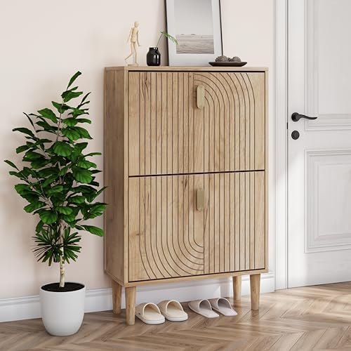 Smuxee Shoe Cabinet with 2 Flip Drawers, 23.6" Oak Hidden Shoe Storage Cabinet with Line Groove Design, Freestanding Shoe Organizer Cabinet for Entryway, Hallway, Living Room by Smuxee