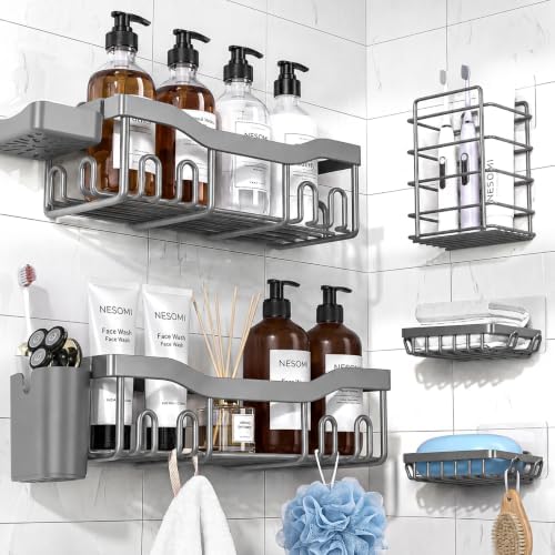 NESOMI Shower Caddy Adhesive Shower Organizer 7-Pack, Rustproof Stainless Steel Bathroom Shelves, Large Capacity No-Drill Rack Storage Accessories with Soap Dish Toothbrush Holder Hooks by OrganizeYourHomeEssentials