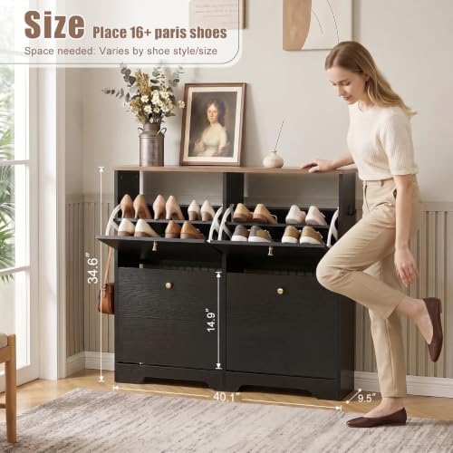 Nicetree Shoe Cabinet, 4 Flip Drawers Slim Black with Walnut Top Entryway - Image 2