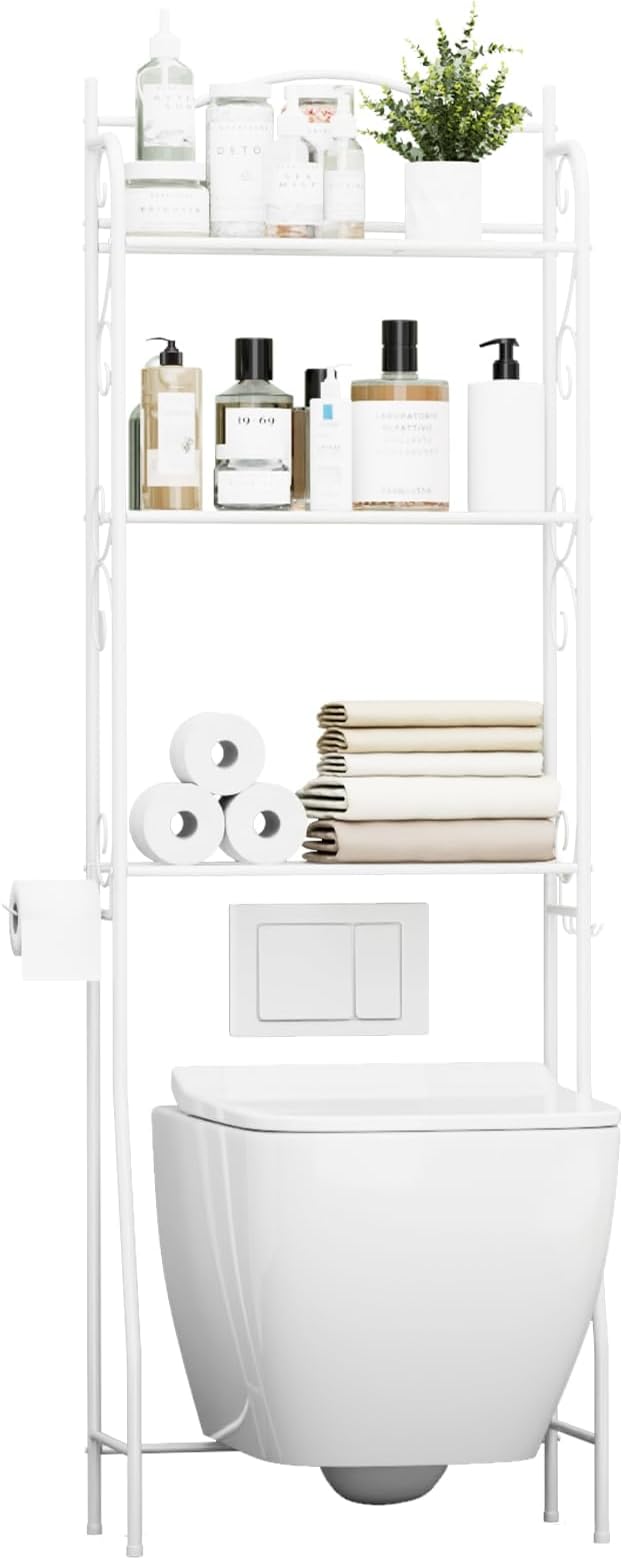 HOME BI Over The Toilet Storage Shelf, 3-Tier Over Toilet Bathroom Organizer Rack, Freestanding Space Saver Toilet Stands with Hooks (White) - Image 8