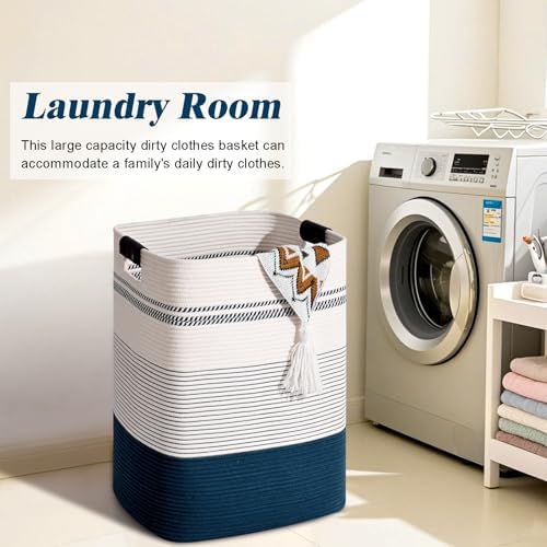 Laundry Hamper, 75L Tall Laundry Basket with Leather Handles, Rectangle Large Clothes Hamper for Organizing, Cotton Woven Laundry Baskets Storage Hampers for Bedroom, Nursery, Living Room - Image 2