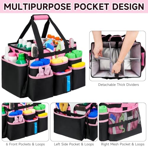 Large Rolling Cleaning Caddy Bag with Detachable Trolley,Cleaning Cart on Wheels with Shoulder Strap,Cleaning Supplies Organizer for Housekeepers,PInk - Image 3